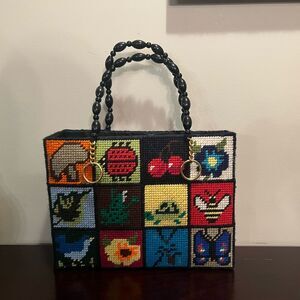 Cottage Core Granny Needle Point Crochet Handbag Wood Handles 1970